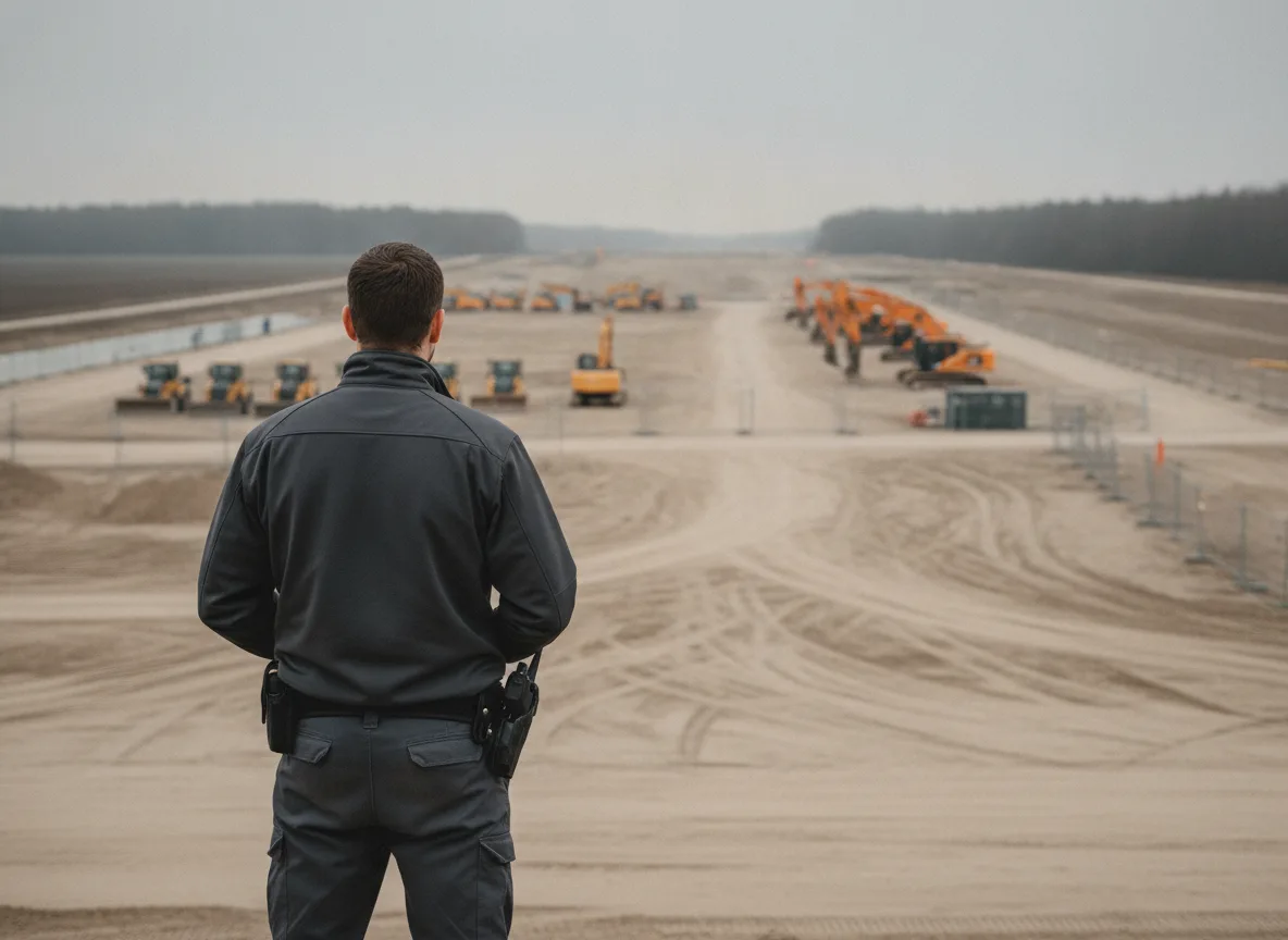 Security officer guarding a large construction site in the Brandenburg region in daylight