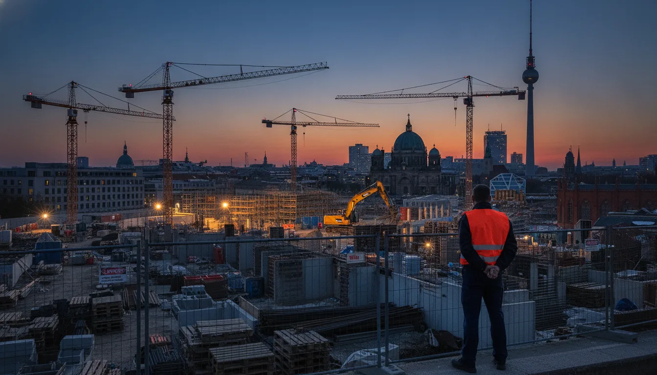 Baustellenbewachung Berlin: Wachmann sichert urbane Baustelle bei Abenddämmerung