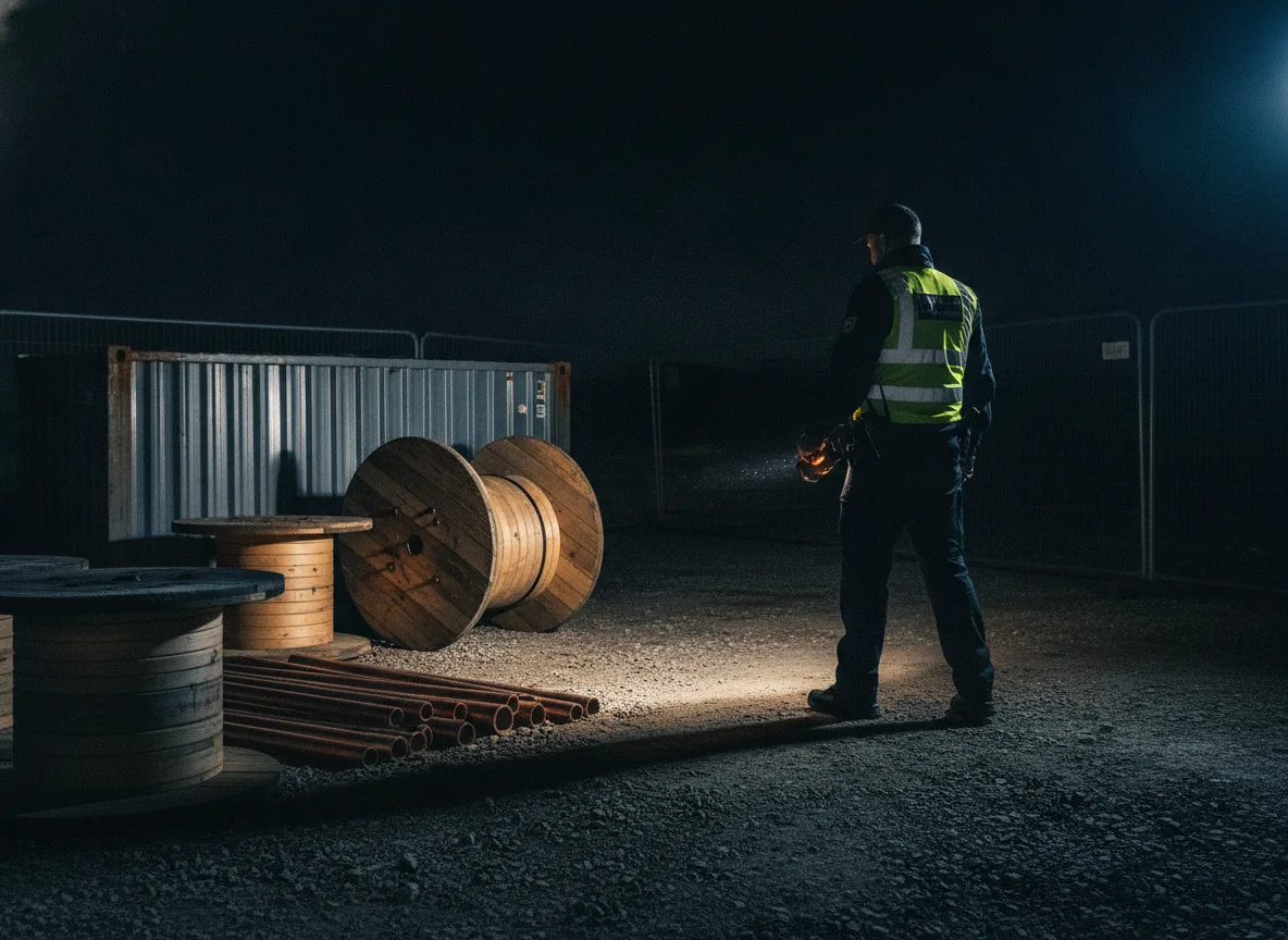 Sicherheitsmann kontrolliert nächtliches Materiallager auf Berliner Baustelle