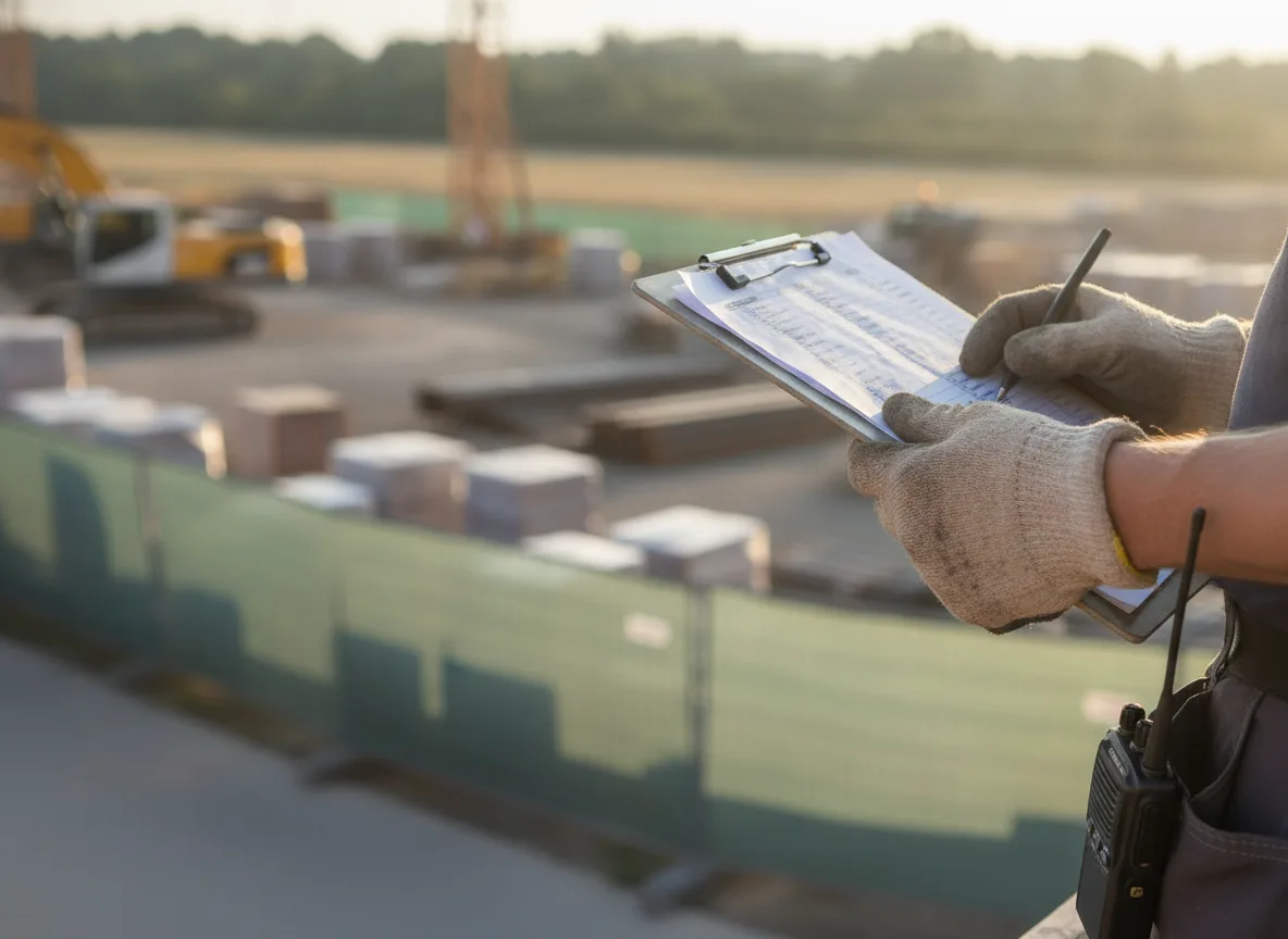 Checkliste und Funkgerät bei der Kalkulation von Bewachungskosten auf der Baustelle