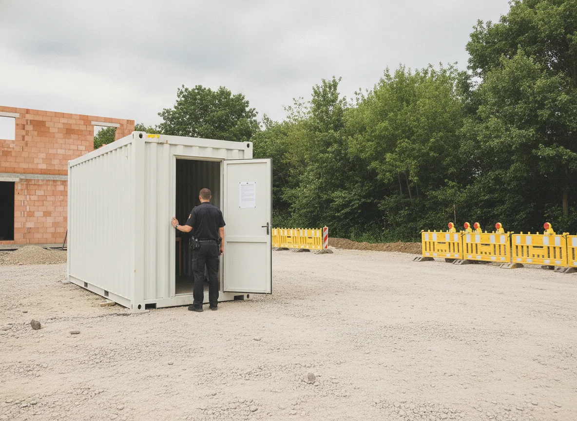 Security service provider discussing construction site guarding costs at a site office container