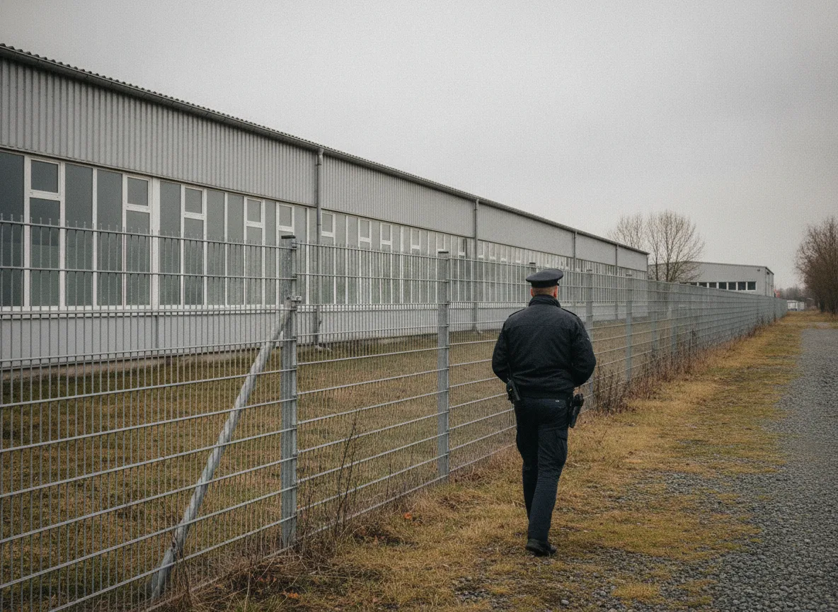 Sicherheitsdienst patrouilliert an Gewerbehalle im Brandenburger Umland