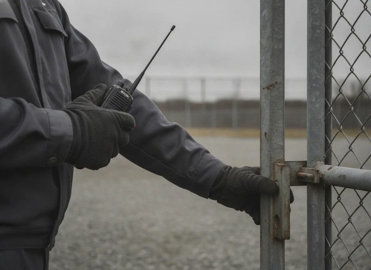Hands of a Security Employee with a Radio at a Gate