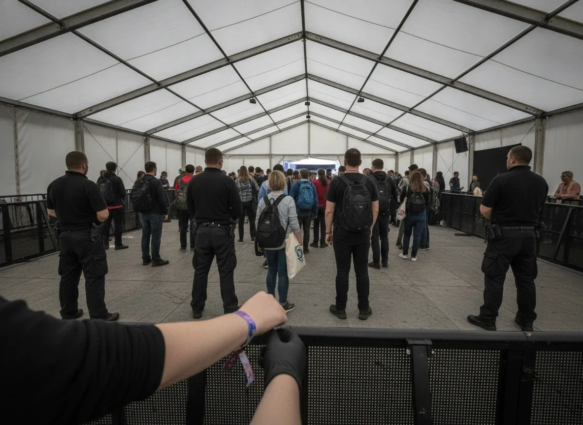Stewards directing visitor flow at the entrance of a large event in Berlin