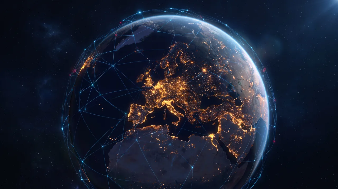 The earth at night with a worldwide security network, Europe at the centre