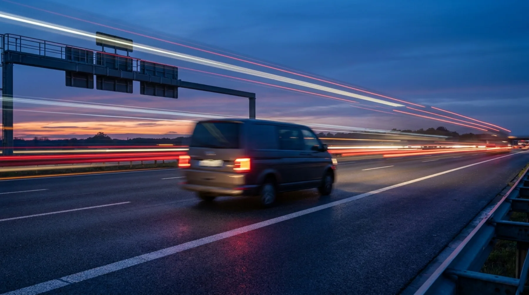 Vehicle escort on the motorway at dusk